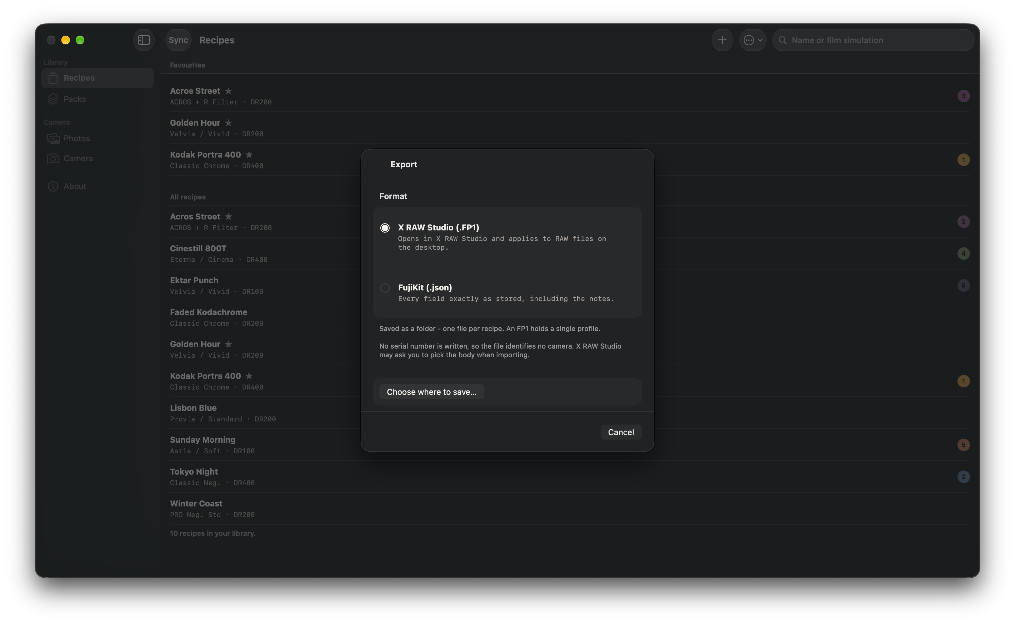 Mac · Export sheet with .FP1 and .json