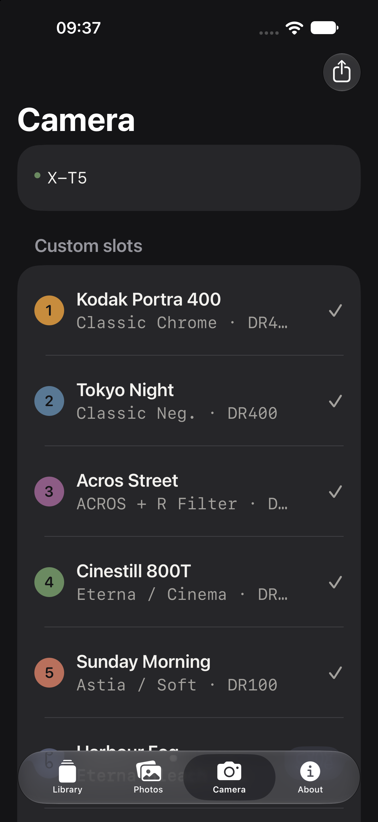 iPhone · Camera tab with seven slots read
